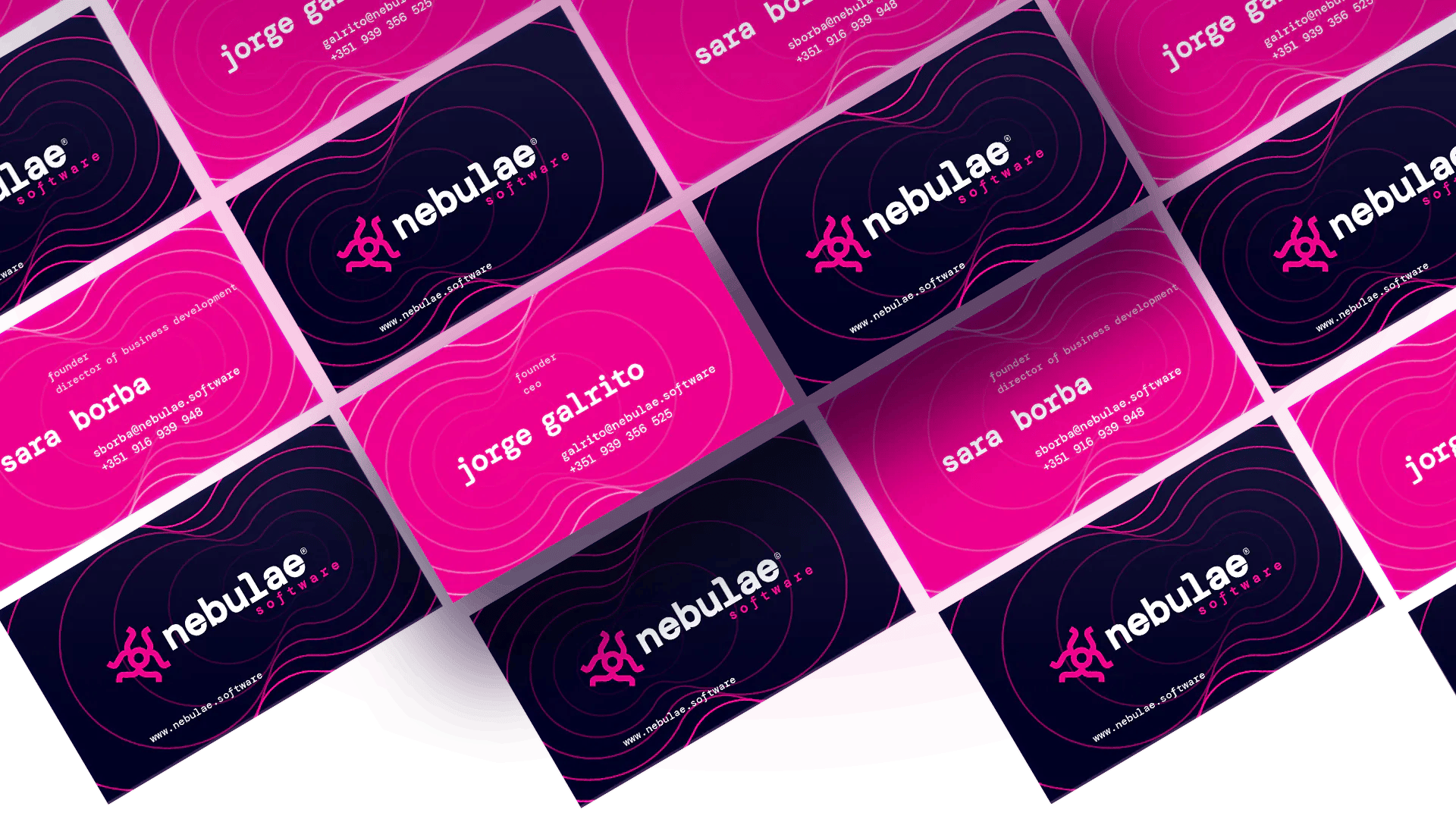 A collection of vibrant Nebulae Software business cards in pink and black with names and details.