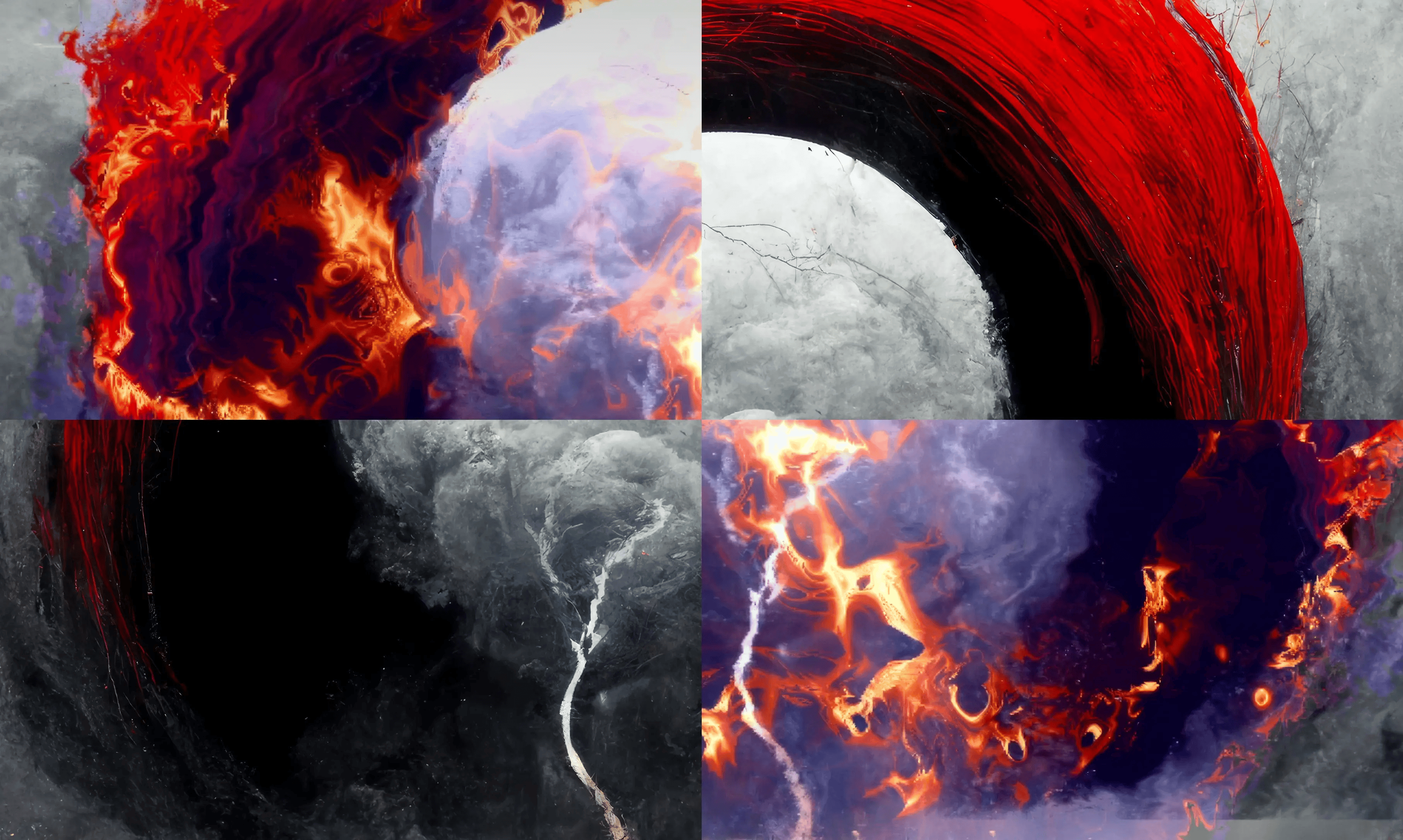 Abstract collage with swirling flames, smoke, and voids in a dynamic mix of colors and textures.