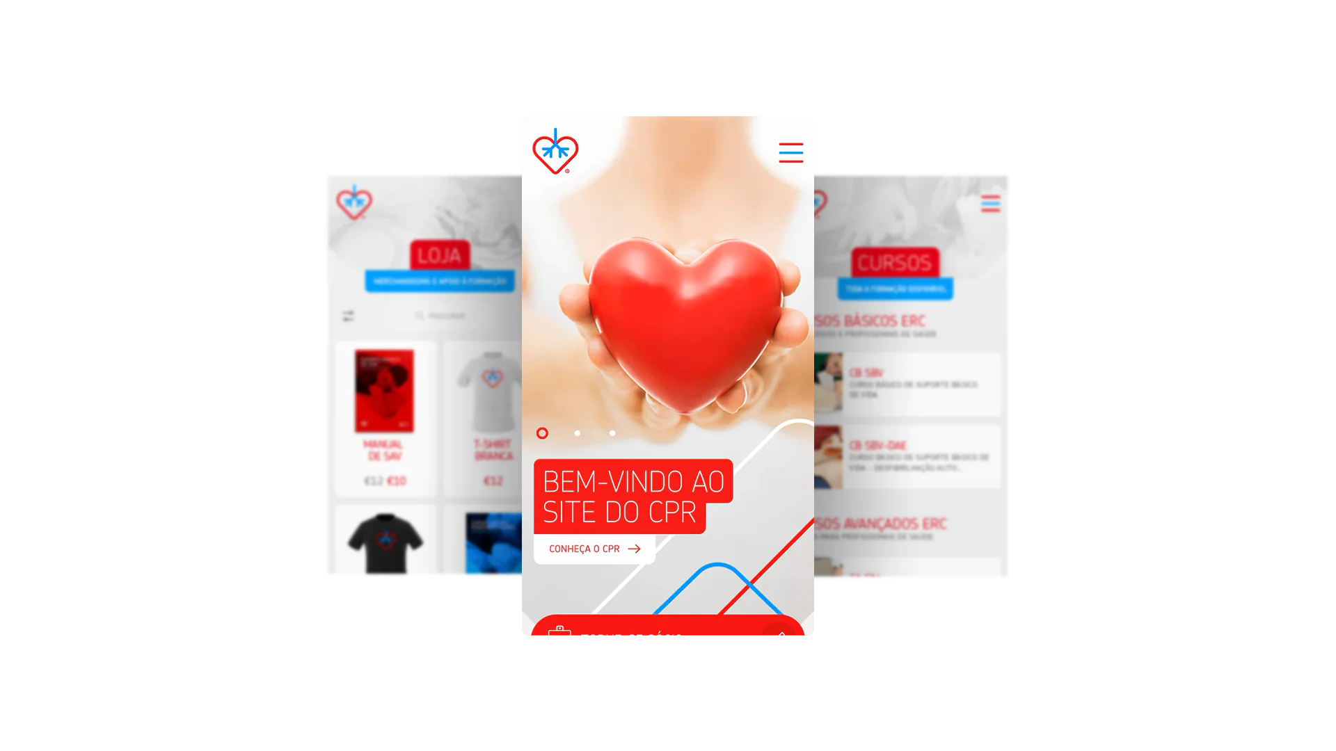 Mobile app interface with heart logo, products for sale, and CPR course offerings.