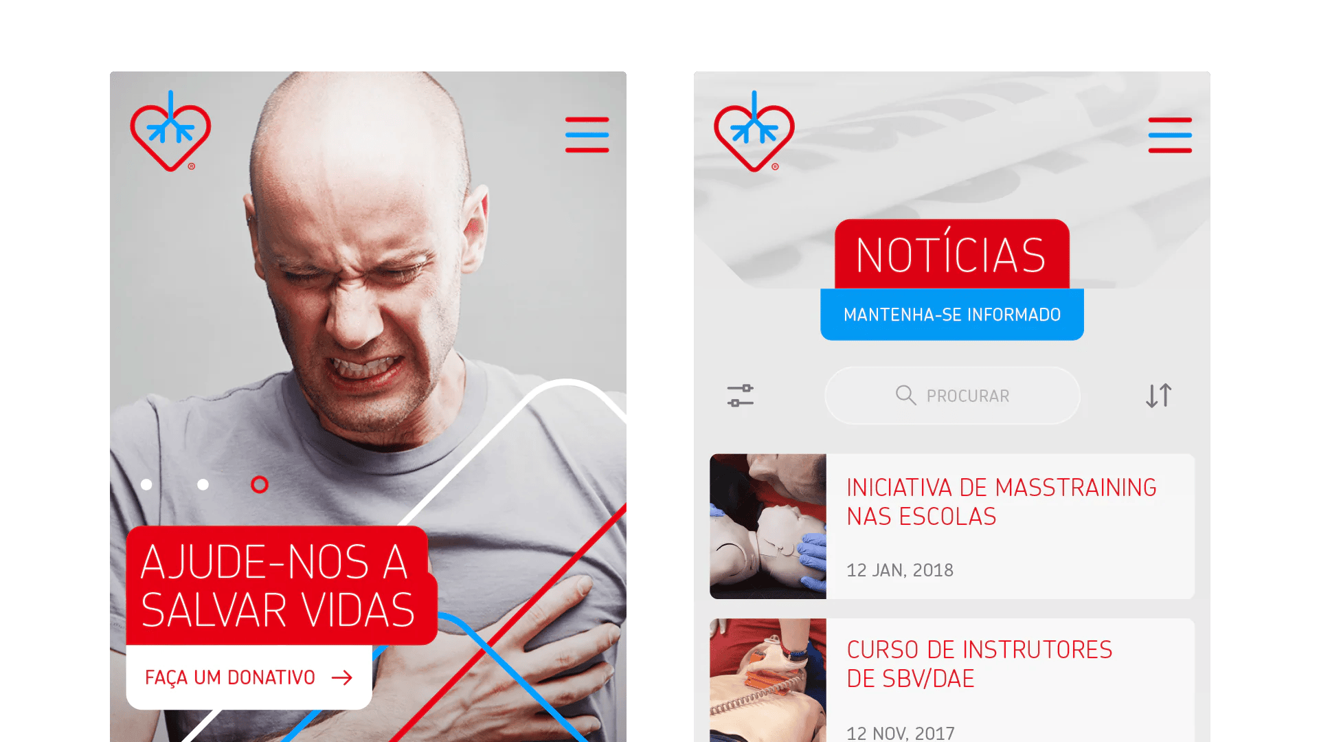 Web page promoting life-saving initiatives with a call for donations and training event updates.