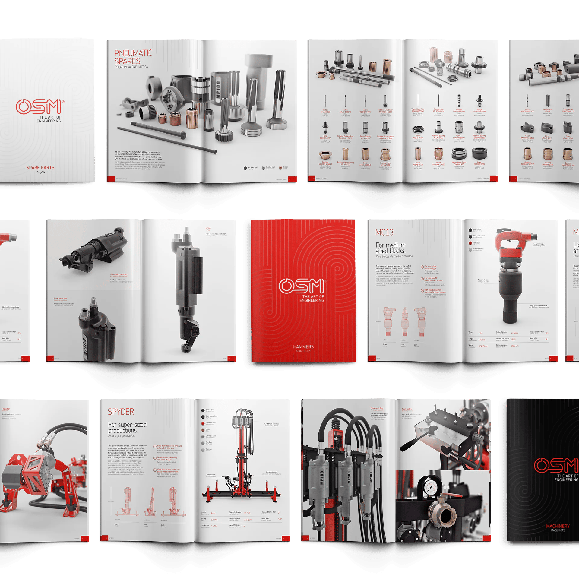 OSM's engineering catalog, showcasing pneumatic spares, hammers, and machinery components.