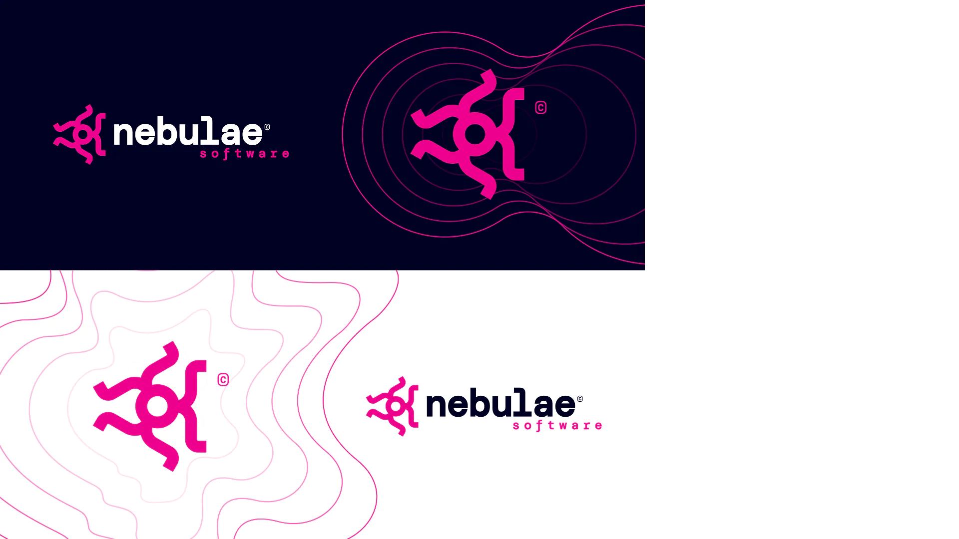 Collage of Nebulae Software logo designs, featuring a bold pink logo on contrasting backgrounds.