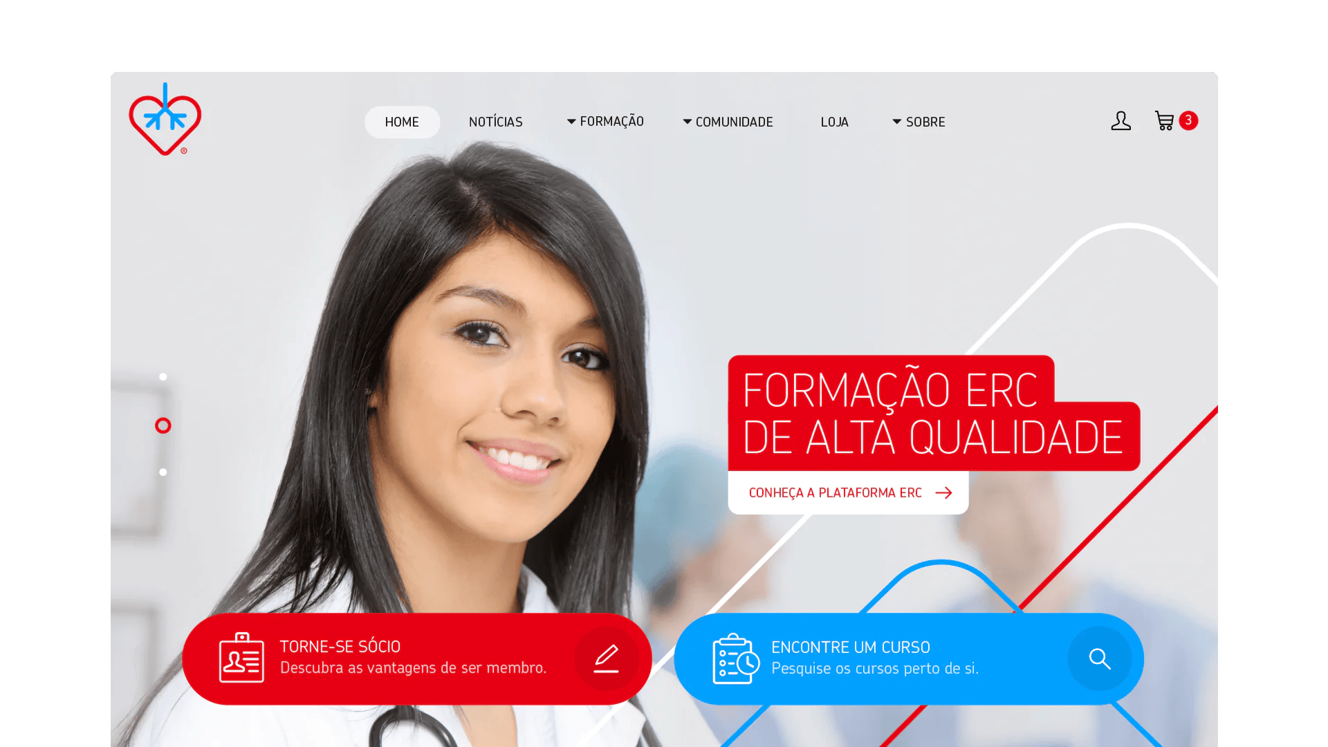 Healthcare website interface with a female doctor, featuring courses and membership benefits.