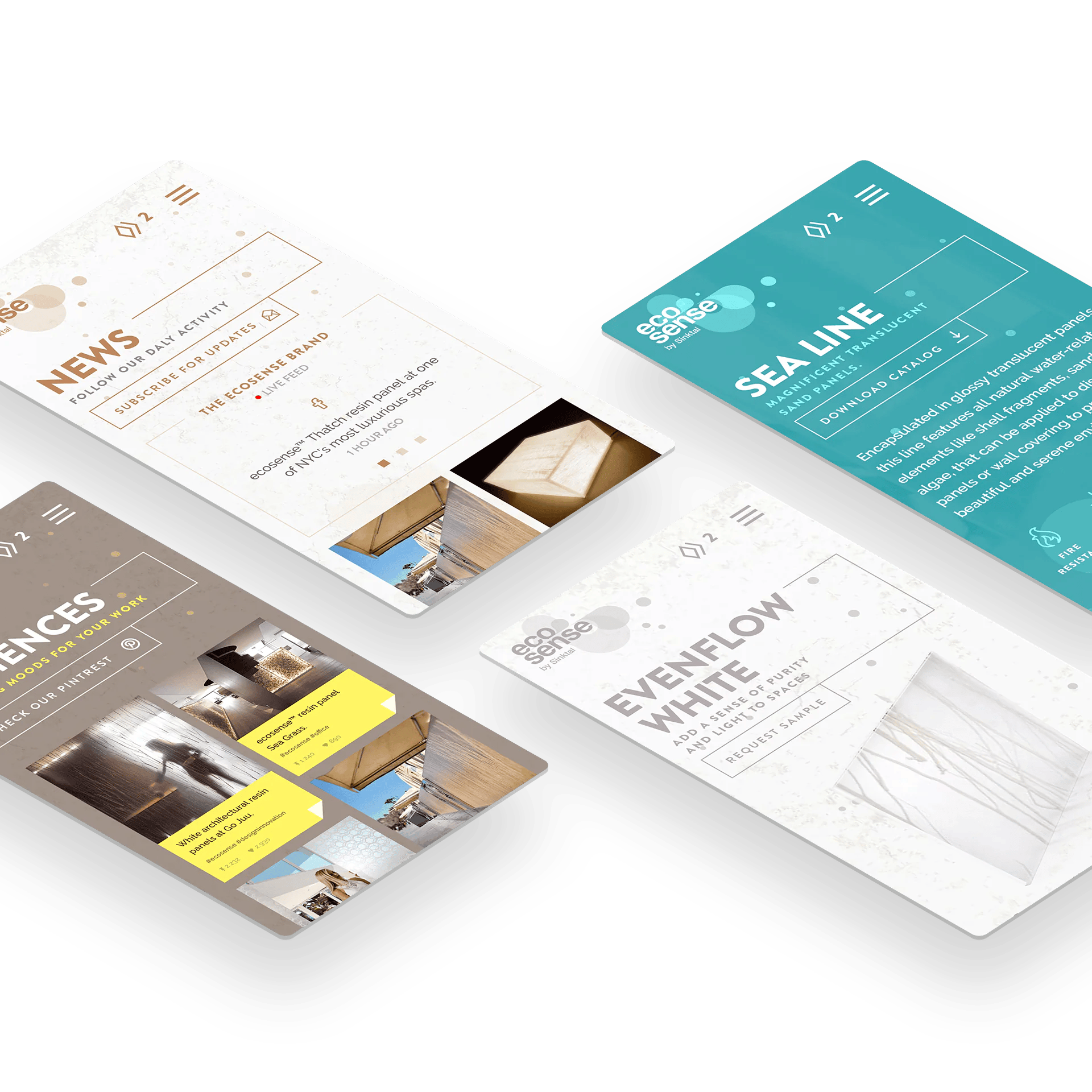 Four mobile screens show eco products: News, Sea Line, Evenflow White & Experiences.