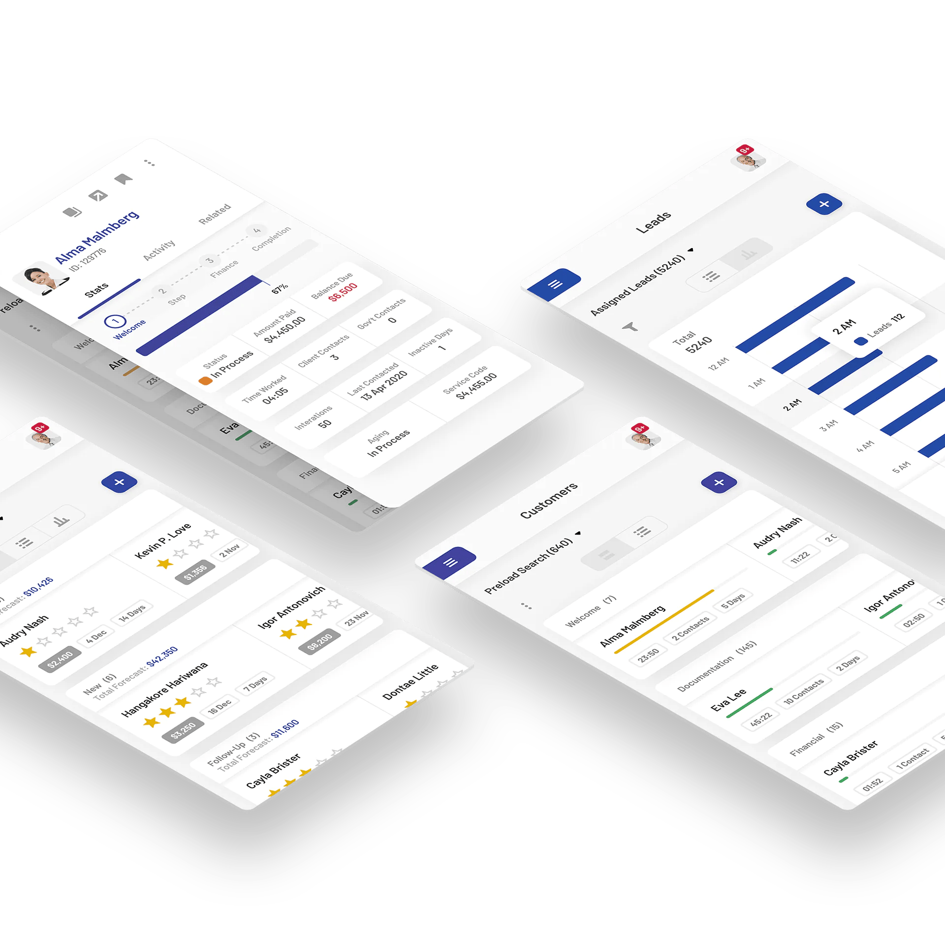 UI screenshot showing customer and loan management with profiles and data visualizations.