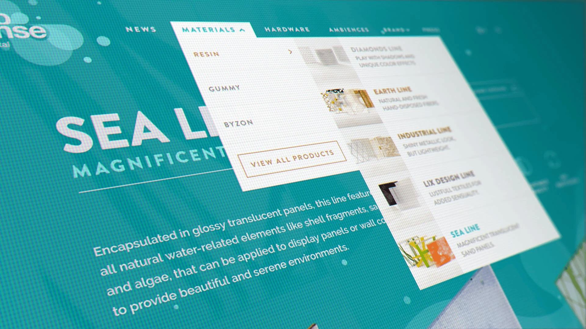 Website screenshot: “Sea Line” with resin, gummy categories, highlighting natural materials.