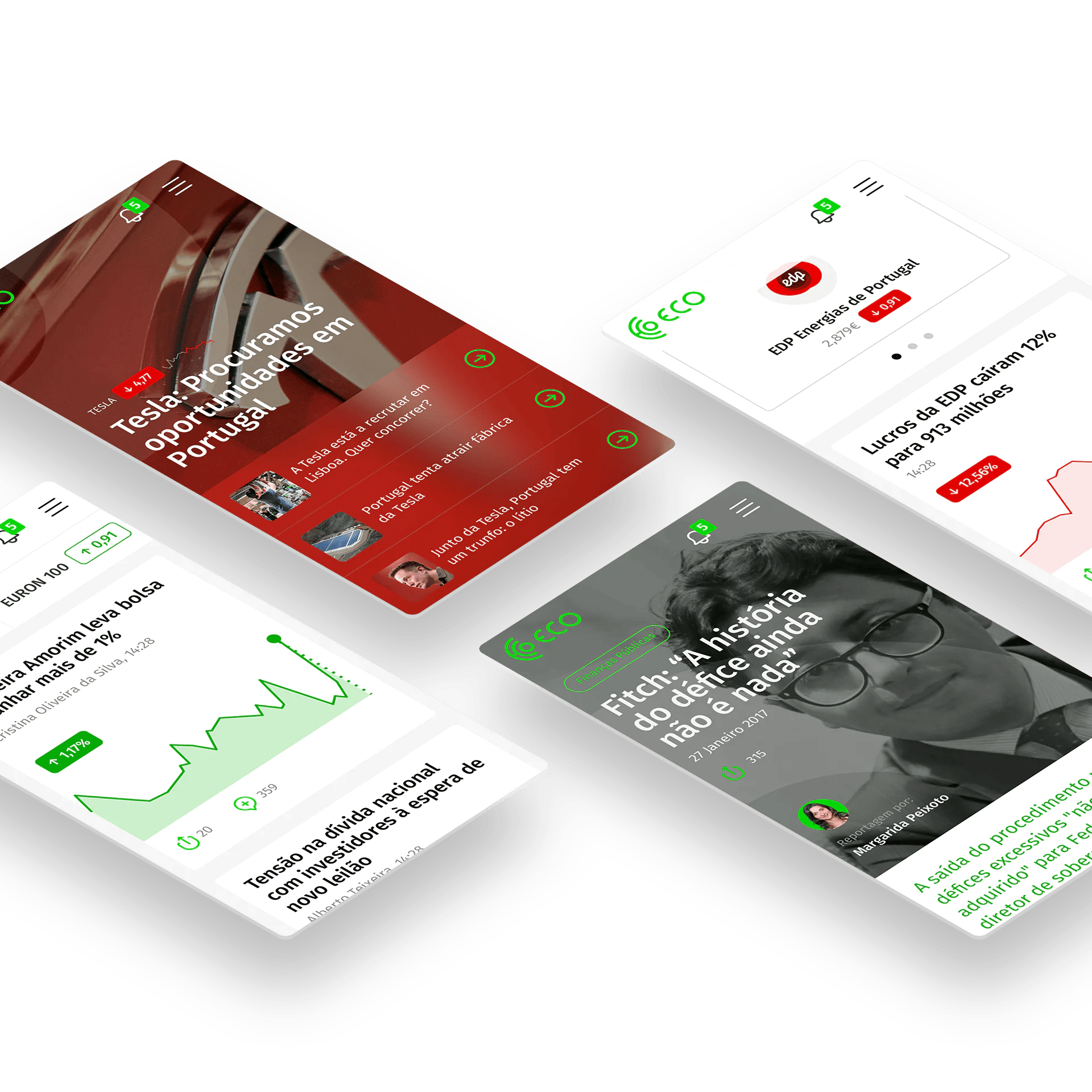 Four mobile screens with news articles and data analytics in a sleek, vibrant design.
