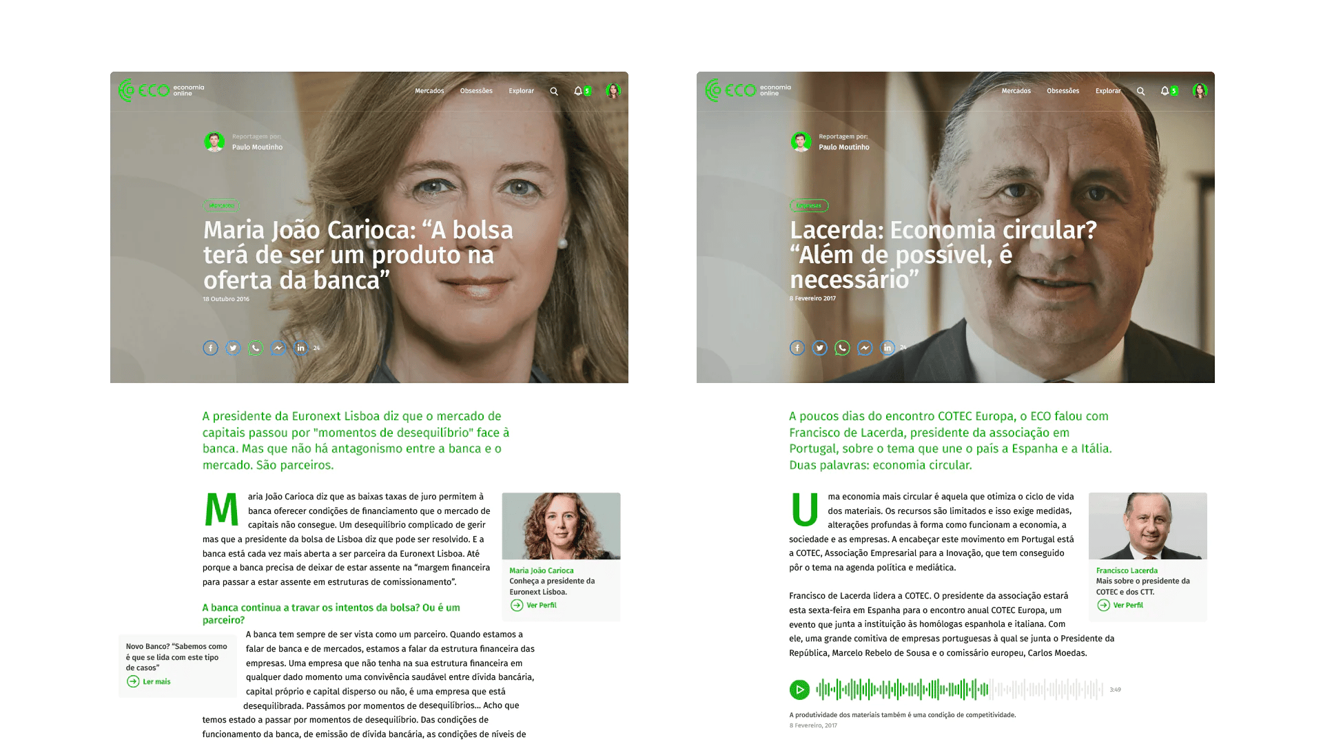 Two articles on banking and economics, featuring Carioca and Lacerda's insights.