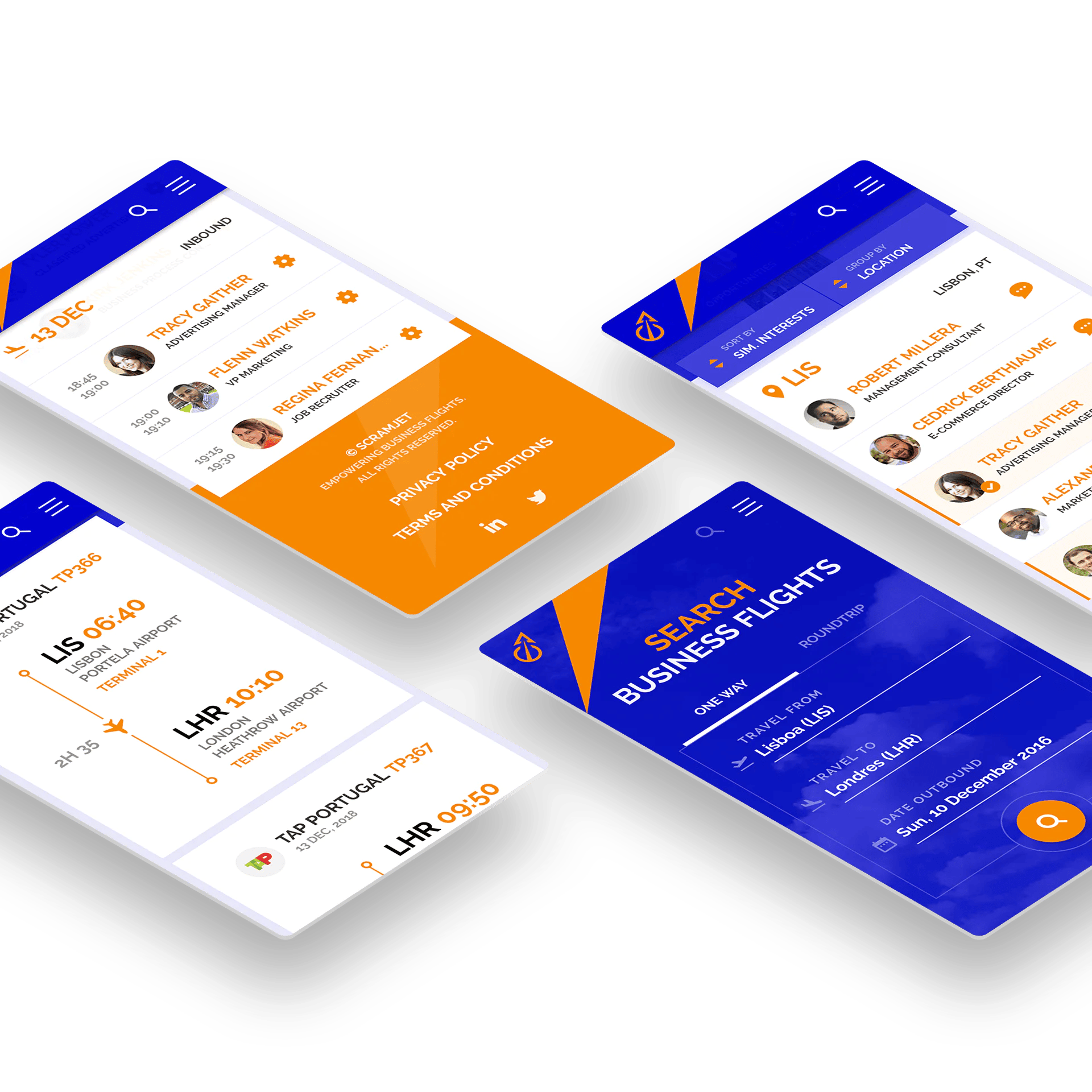 Four mobile screens show flight search, user profiles and Lisbon to London schedules.