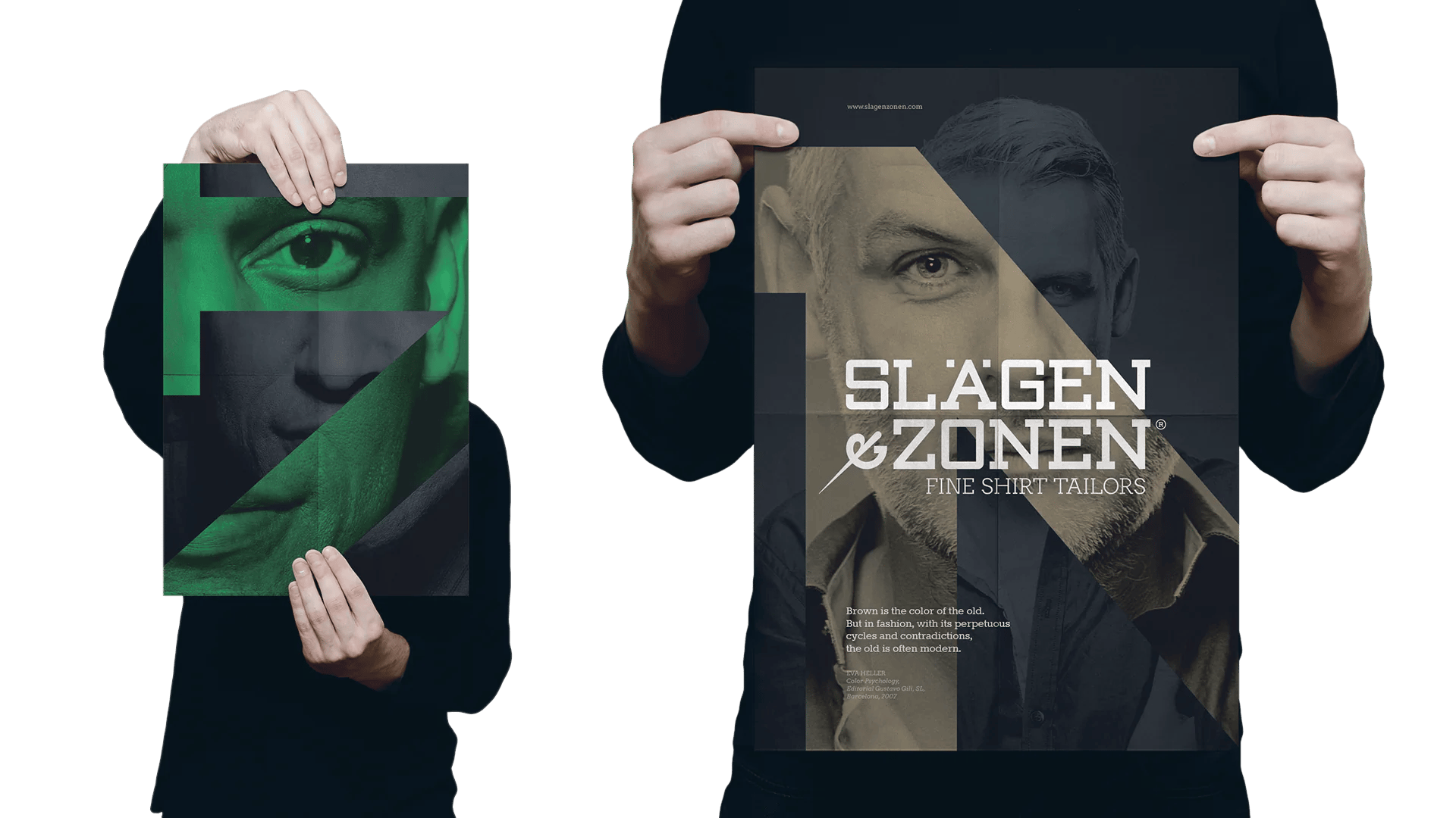Person holding a "Slägen & Zonen" poster with a man's face graphic and a fashion quote.