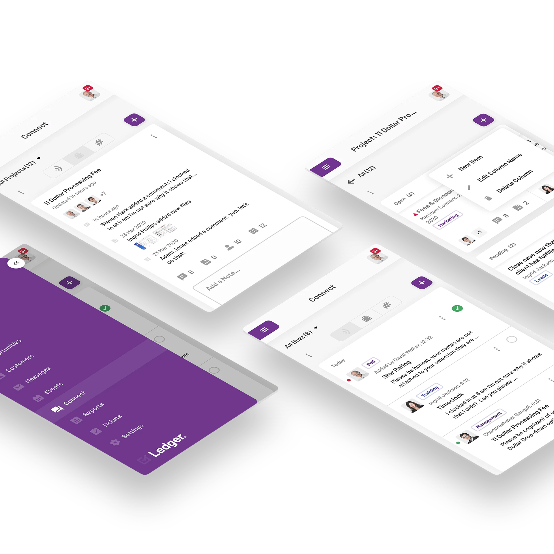 Multi-screen project management app with messaging, tasks, and user interactions.