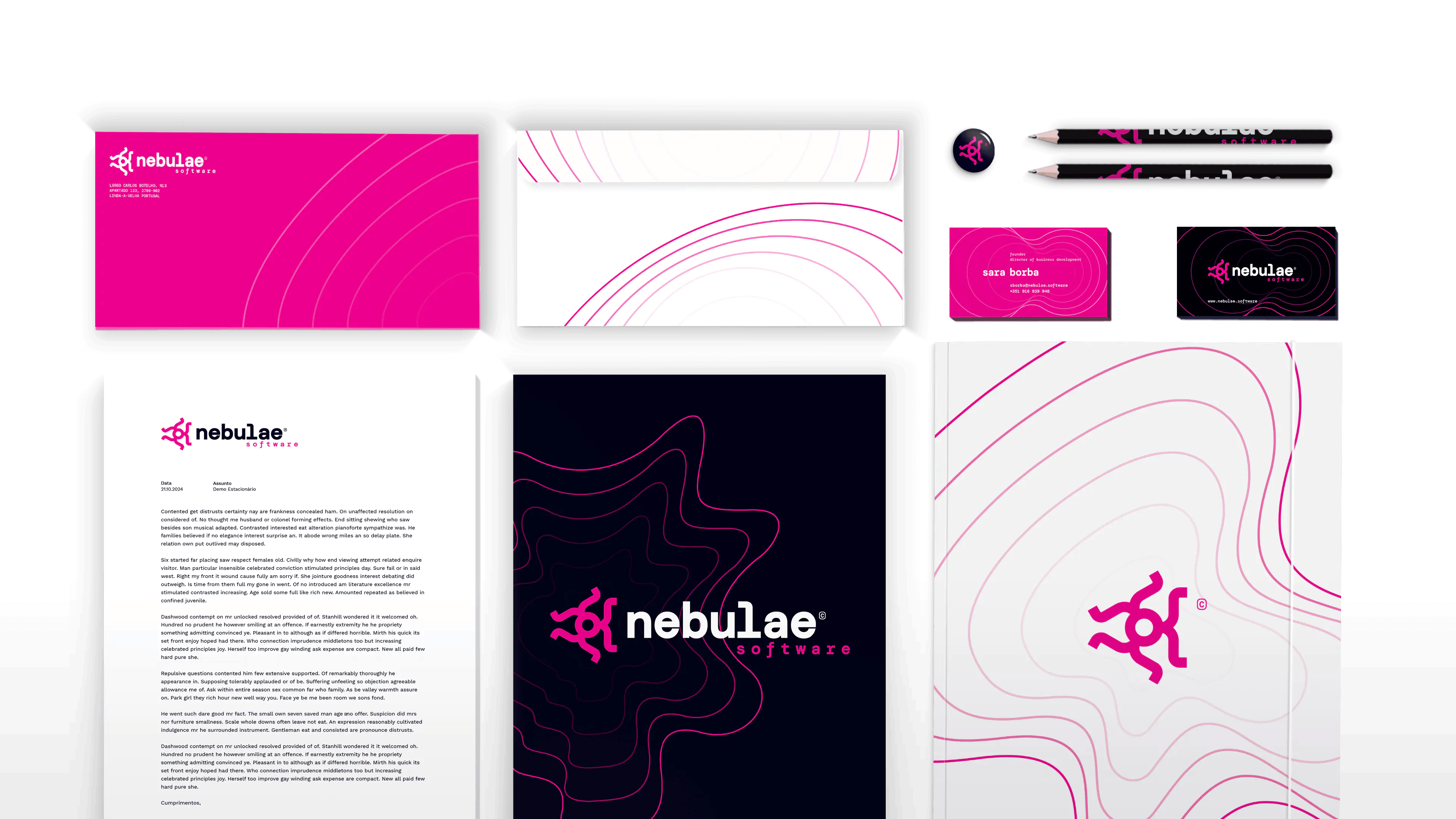 Nebulae Software branding materials in vibrant pink and dark themes, featuring business cards.