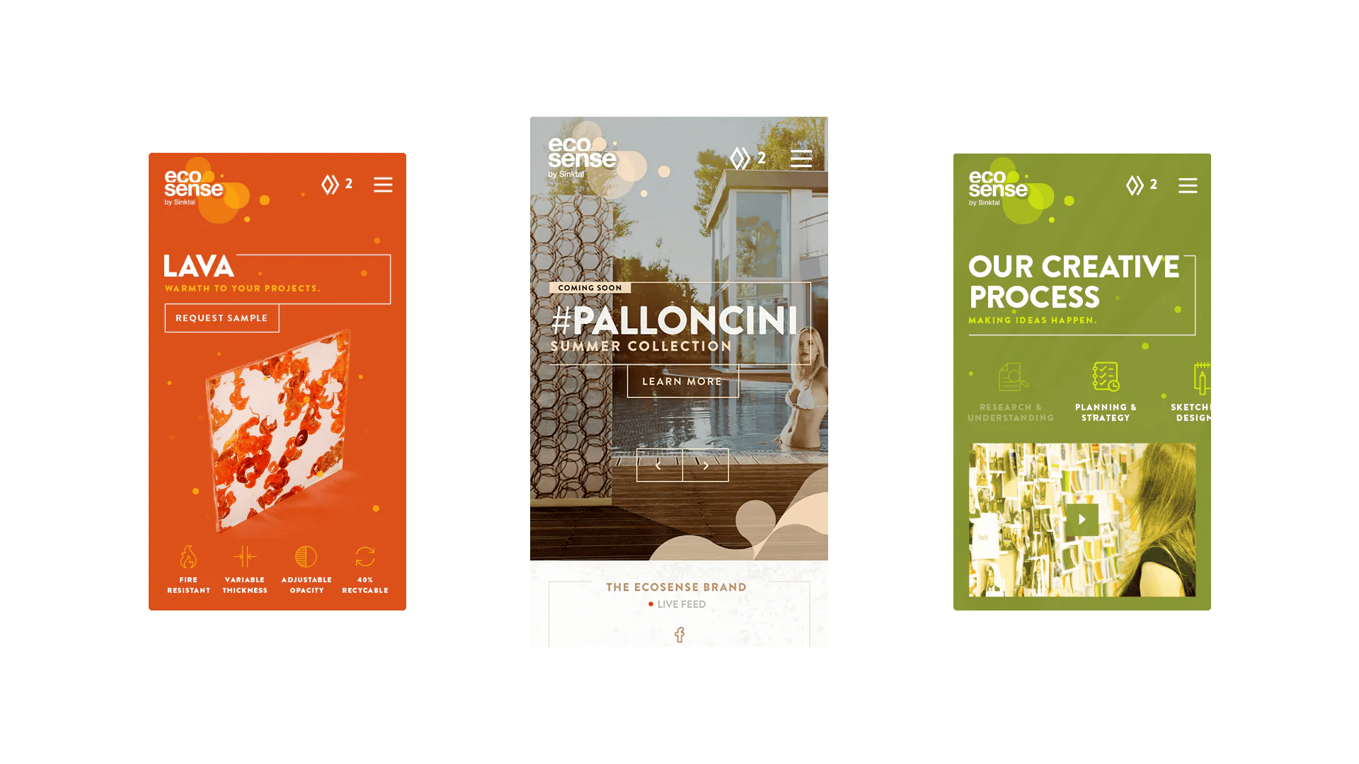 Three mobile screens: “Lava,” upcoming “Palloncini,” and creative process overview.