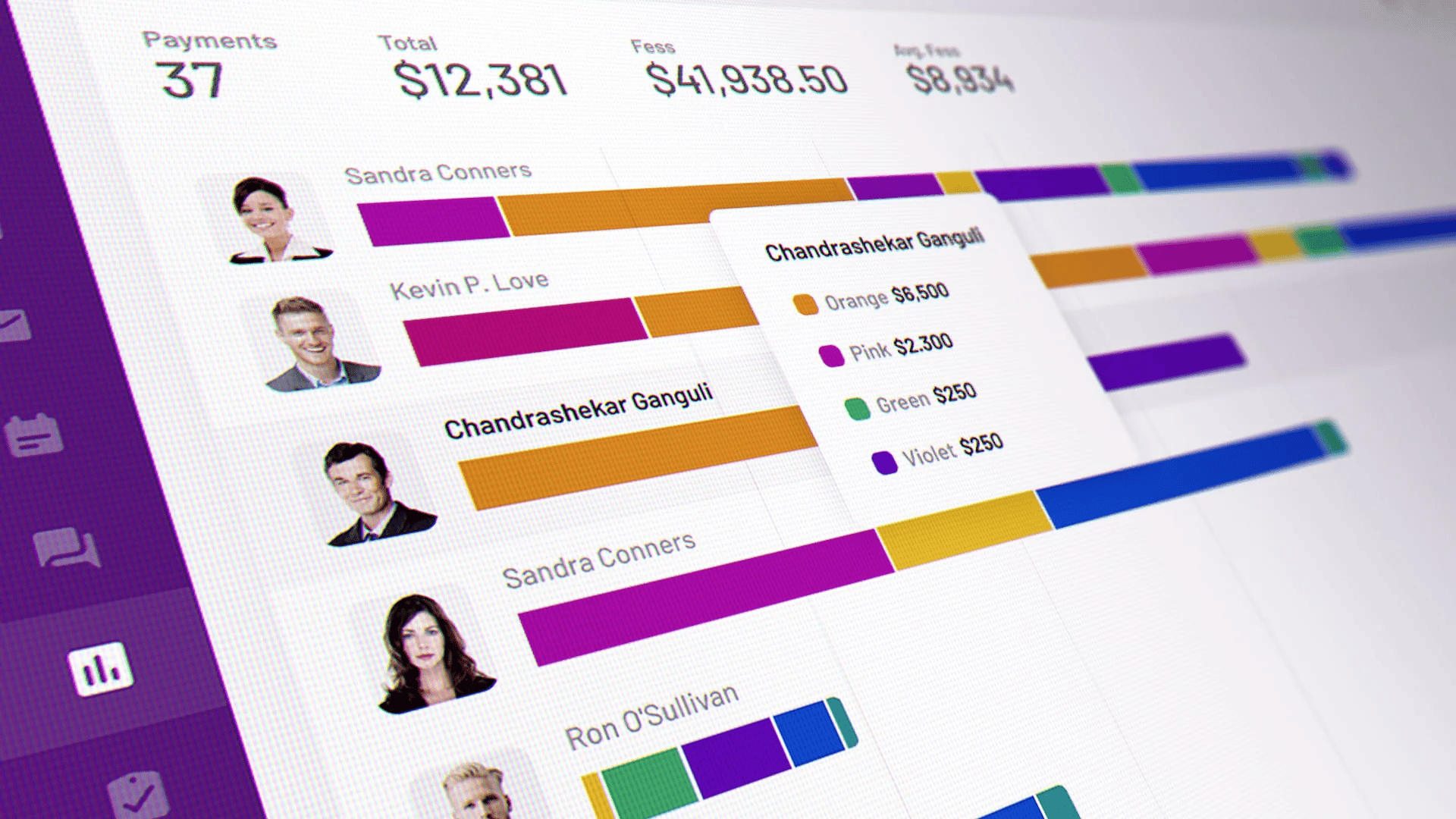 Interactive dashboard showing payment data, total amounts, and color-coded fee categories.