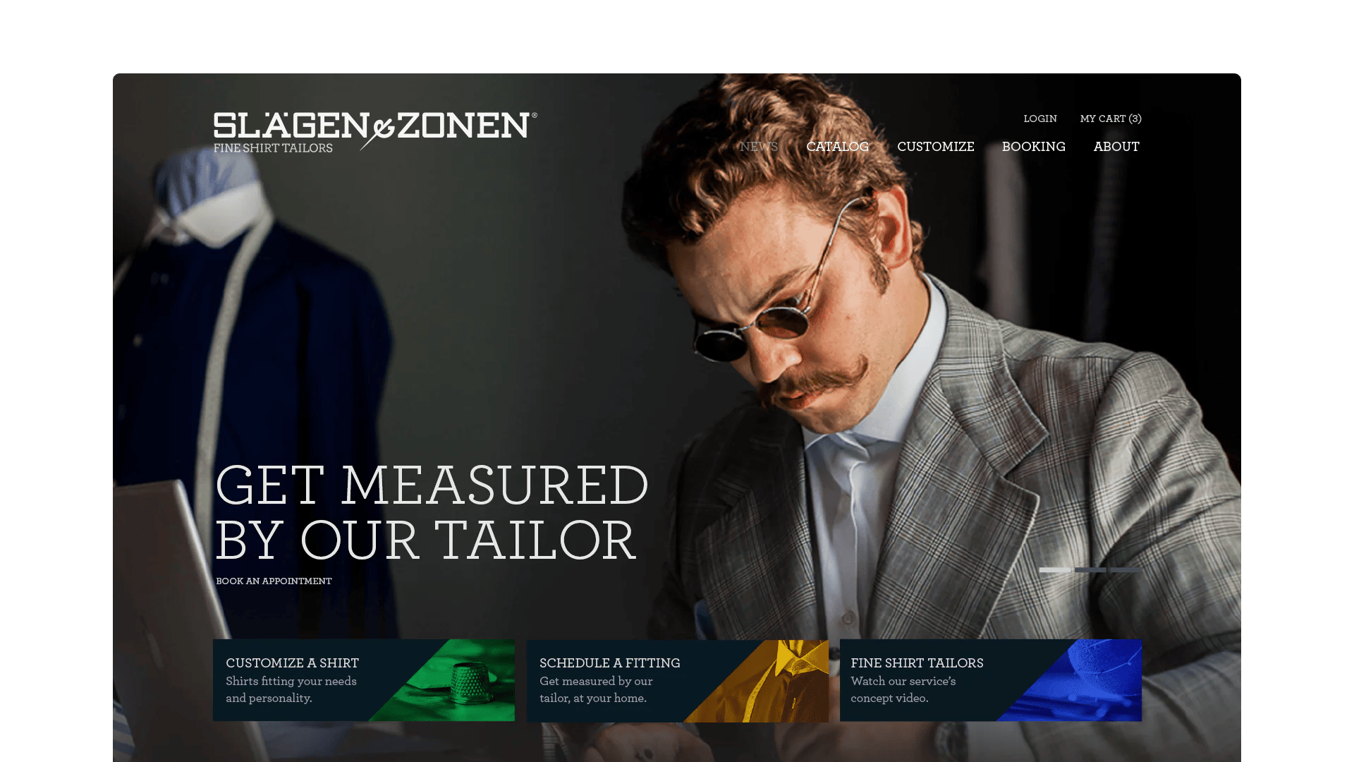 A well-dressed tailor in a grey suit showcases tailored shirts on a sleek website design.