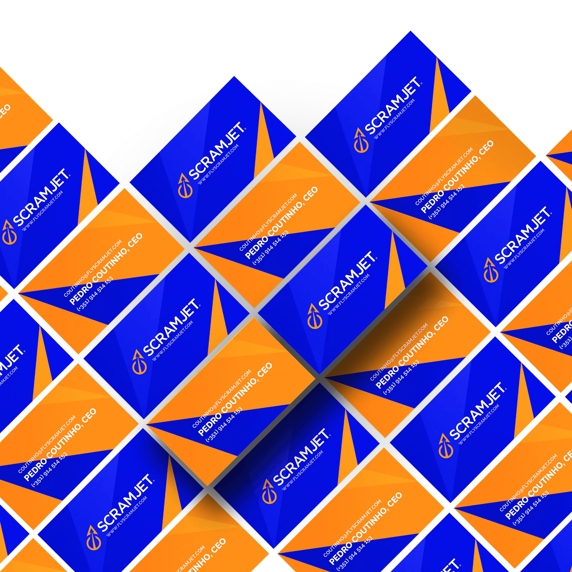 Dynamic blue-orange cards: “SCRAMJET” branding + CEO Pedro Coutinho’s contact details.