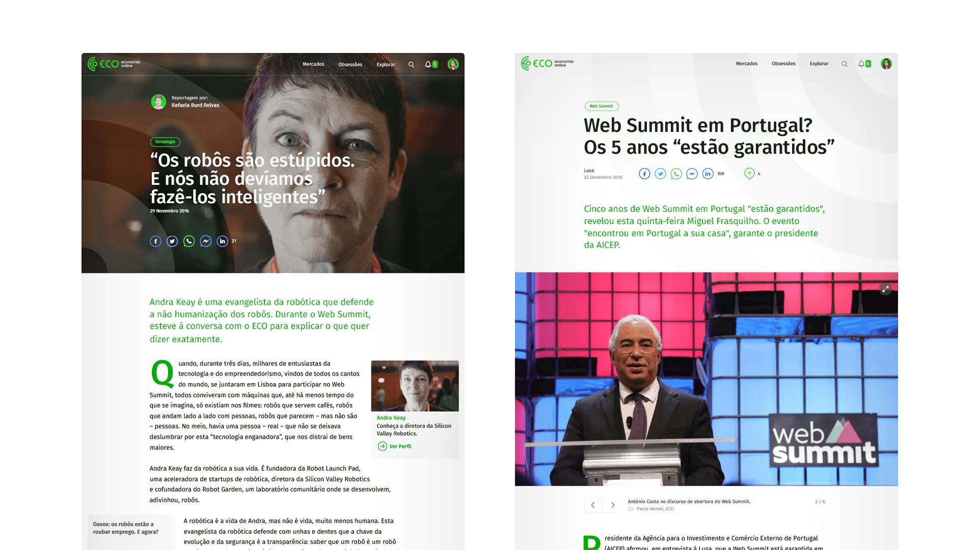 Two web pages with articles on the Web Summit in Portugal, covering robotics and event details.