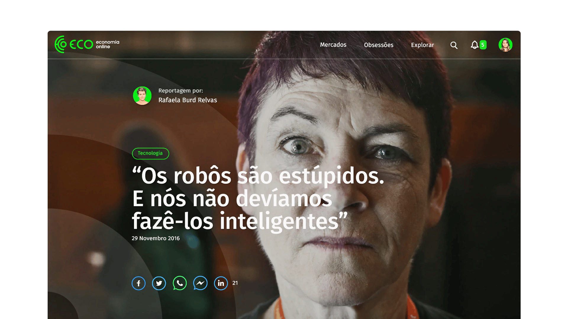 Web article "Os robôs são e nós não..." on tech, with social icons below.