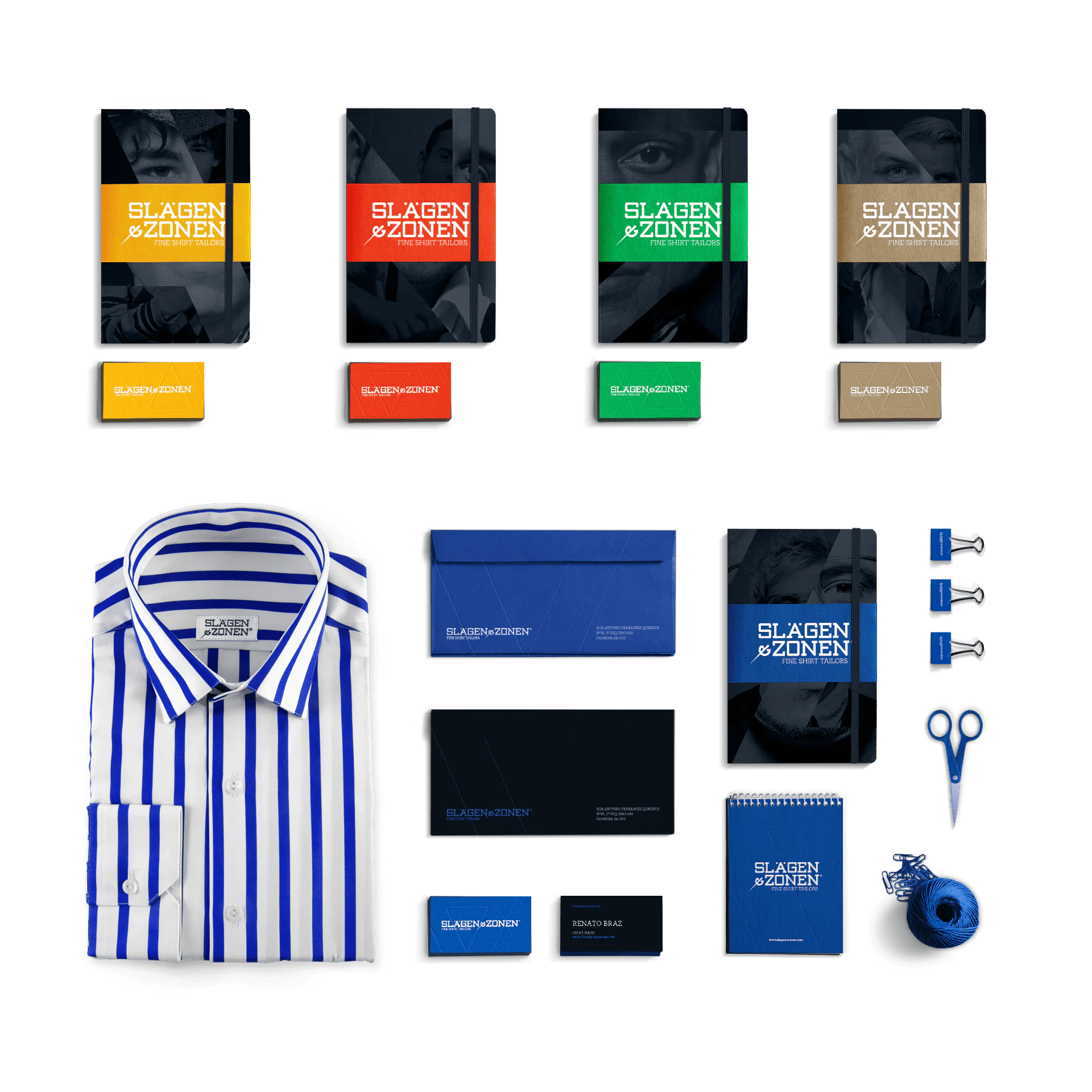 Branded office supplies: notebooks, business cards, blue shirt, scissors, and stationery.