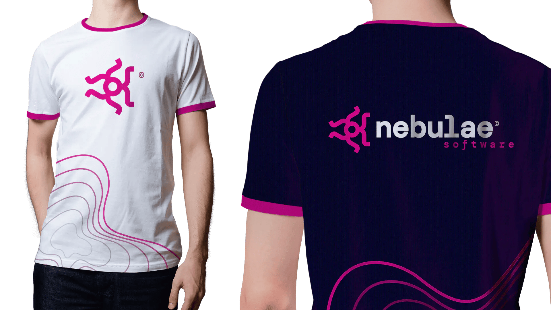 A model wears a stylish t-shirt featuring a vibrant pink design and the logo of Nebulae Software.