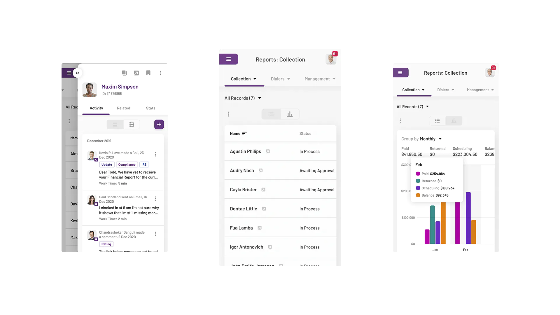 UI screenshots showing records, activities, reports, financial details, and user interactions.