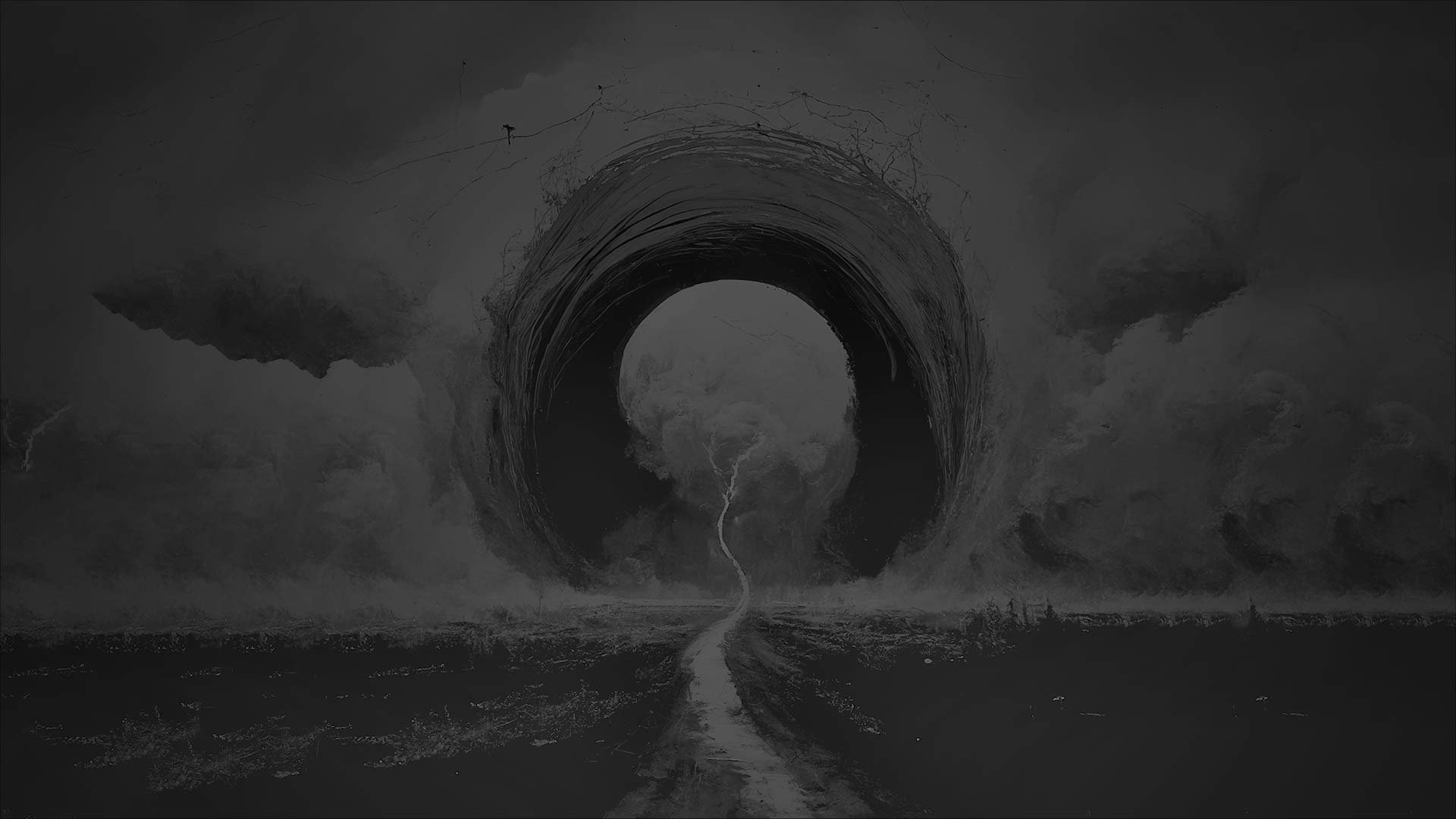 A dark landscape shows a winding road leading to a large circular vortex in the sky.